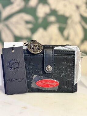 Ed Hardy Black Leather Skull Card Holder with Silver Charm NWT